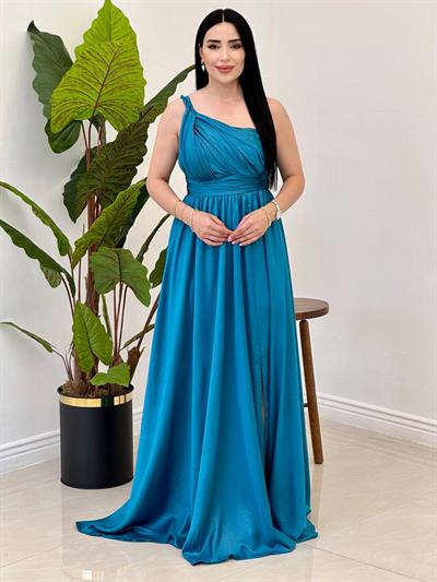 Tek Omuz Simli Abiye 4653 Mavi