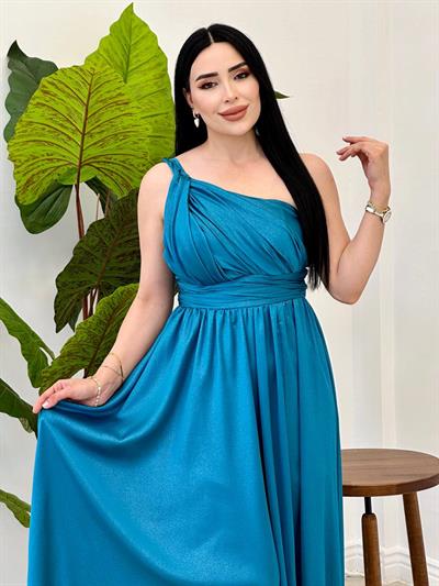 Tek Omuz Simli Abiye 4653 Mavi