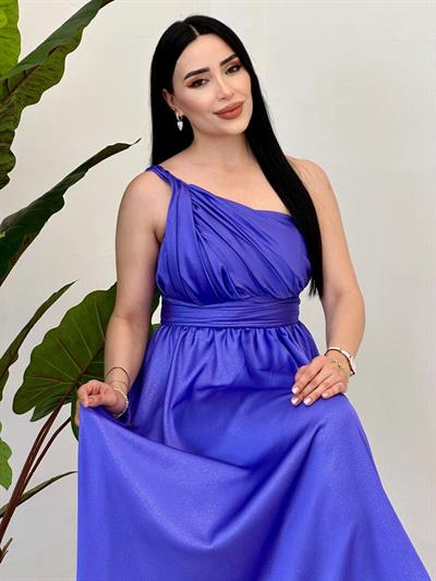 Tek Omuz Simli Abiye 4653 Mor