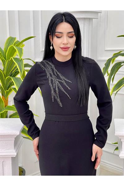 Tek Omuz Taş Elbise 598 Siyah