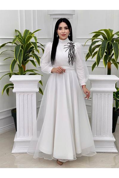 Tek Taraf Drape Tül Elbise 4355 Ekru