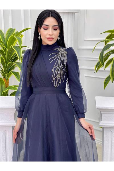 Tek Taraf Drape Tül Elbise 4355 Lacivert