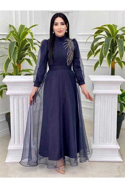 Tek Taraf Drape Tül Elbise 4355 Lacivert