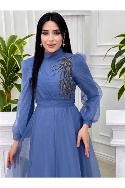 Tek Taraf Drape Tül Elbise 4355 Mavi