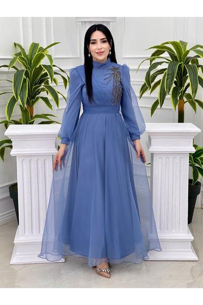 Tek Taraf Drape Tül Elbise 4355 Mavi