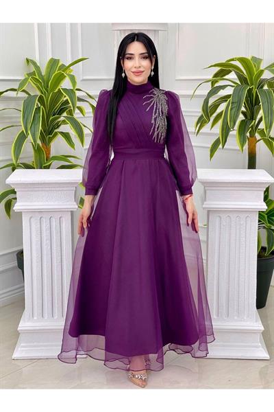 Tek Taraf Drape Tül Elbise 4355 Mor
