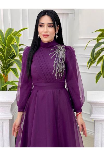 Tek Taraf Drape Tül Elbise 4355 Mor