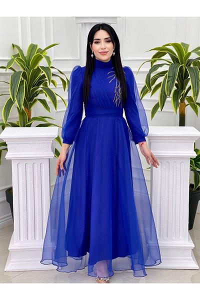 Tek Taraf Drape Tül Elbise 4355 Saks