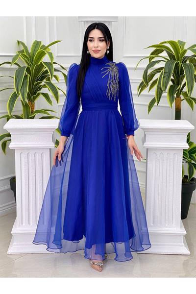 Tek Taraf Drape Tül Elbise 4355 Saks