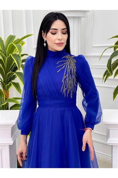 Tek Taraf Drape Tül Elbise 4355 Saks