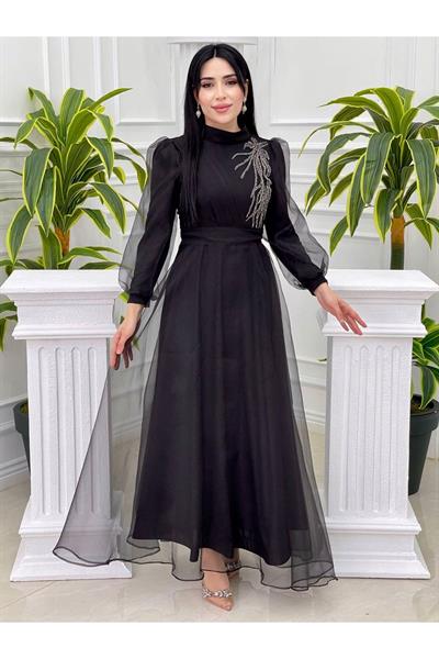 Tek Taraf Drape Tül Elbise 4355 Siyah