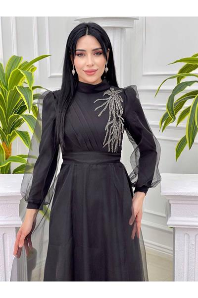 Tek Taraf Drape Tül Elbise 4355 Siyah