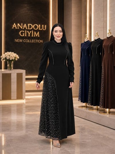 Tek Taraf İşleme Boncuklu Krep Abiye 7200 T-26 Siyah