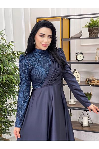 Tek Taraf Payet Saten Abiye Lacivert