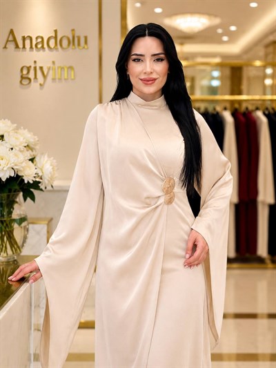 Toka Detay Eteği Kapama Saten Elbise 4925 T-26 Bej
