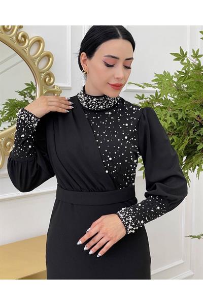 Toka Kemer Boncuklu Elbise 1067 Siyah