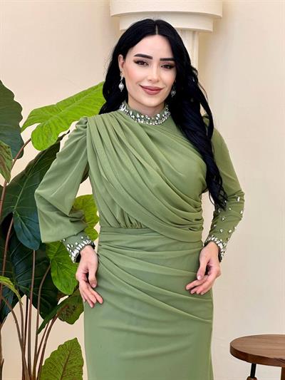 Tül Büzgülü Abiye 5446 T-25 Haki