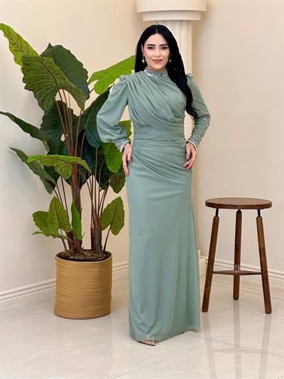 Tül Büzgülü Abiye 5446 T-25 Mint yeşili