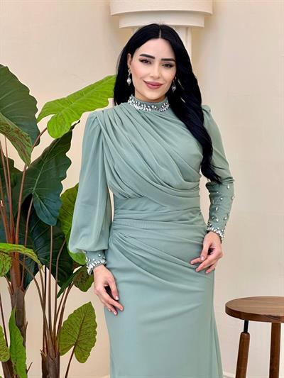Tül Büzgülü Abiye 5446 T-25 Mint yeşili