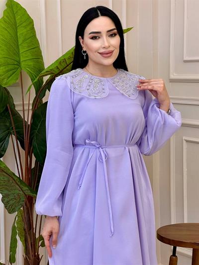 Tül İşleme Bebe Yaka Elbise 1521 E025 Lila