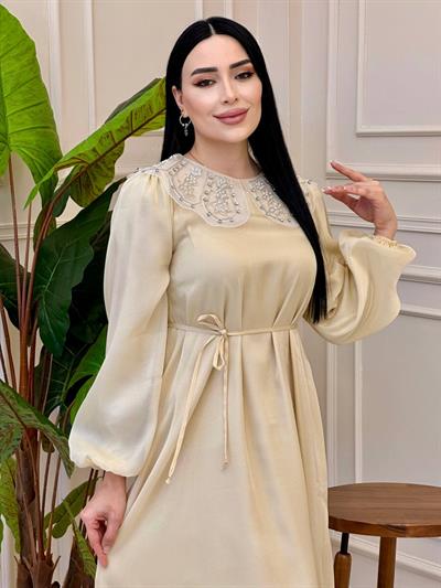 Tül İşleme Bebe Yaka Elbise 1521 E025 Bej