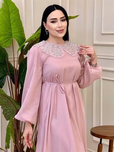 Tül İşleme Bebe Yaka Elbise 1521 E025 Pudra
