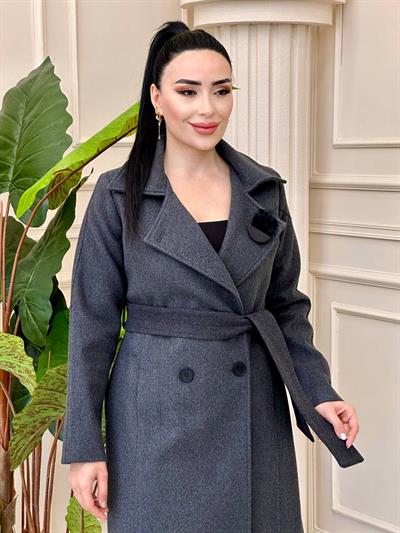 Tüy Broş Çift Düğme Kaşe Kaban 5080 t-24 Siyah