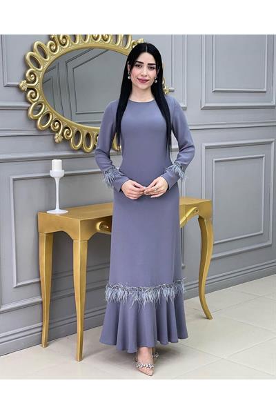 Tüy Detay Elbise 1059 Gri