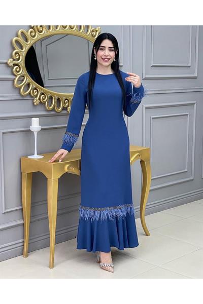 Tüy Detay Elbise 1059 İndigo Mavi