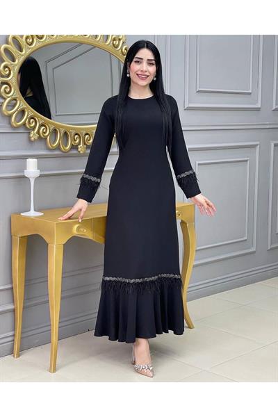 Tüy Detay Elbise 1059 Siyah