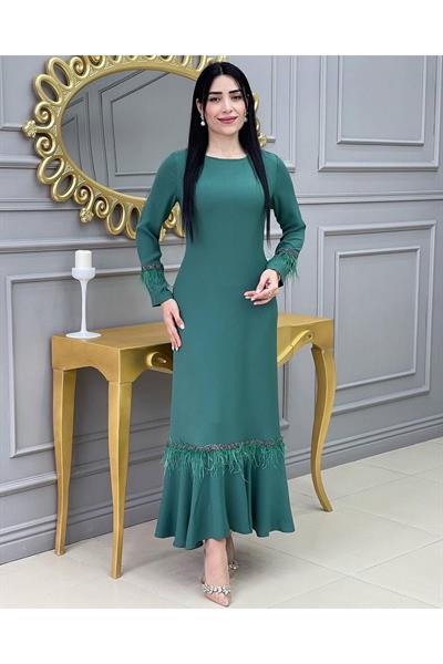 Tüy Detay Elbise 1059 Yeşil