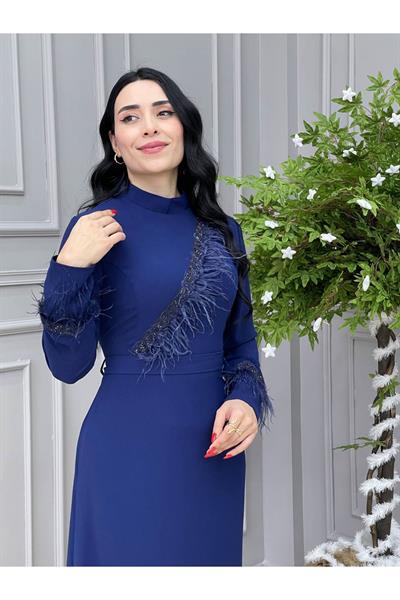 Tüy Detay Elbise 5514 Saks