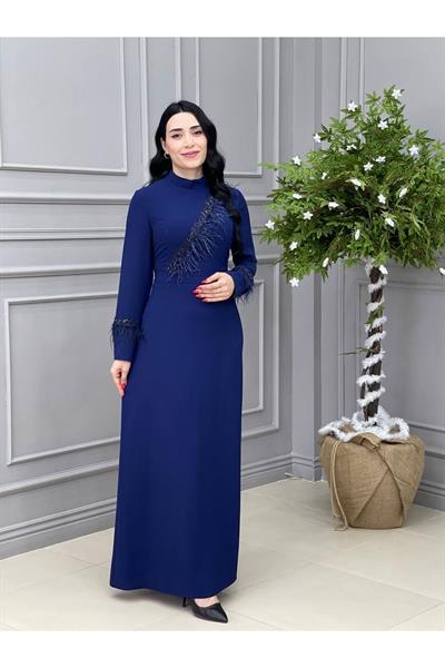 Tüy Detay Elbise 5514 Saks