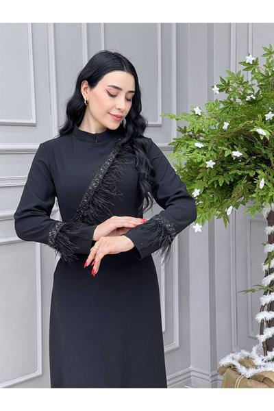 Tüy Detay Elbise 5514 Siyah