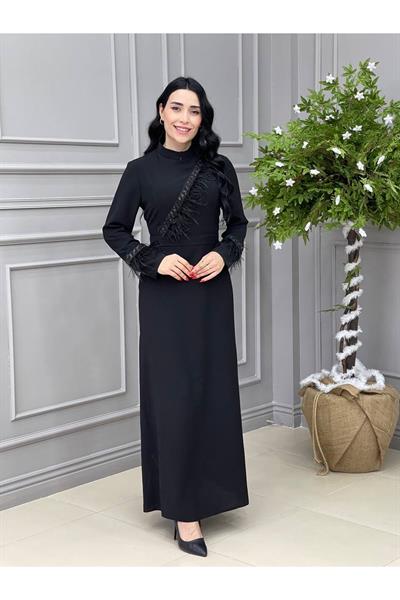 Tüy Detay Elbise 5514 Siyah