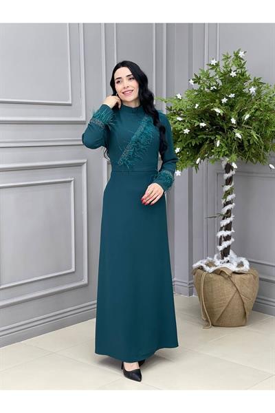Tüy Detay Elbise 5514 Zümrüt Yeşil