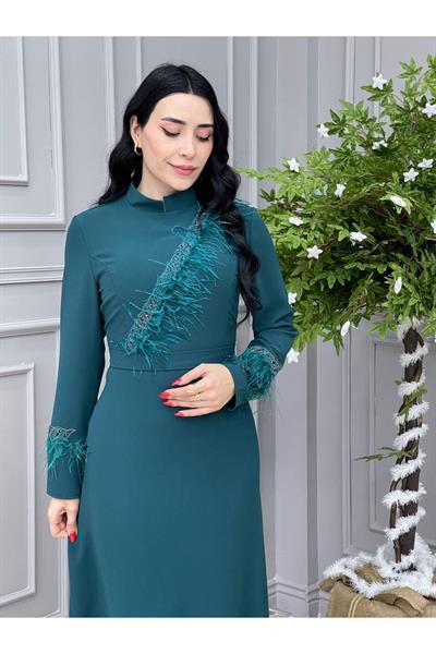 Tüy Detay Elbise 5514 Zümrüt Yeşil