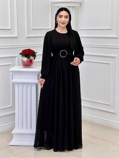 Tüy Toka Kemerli Şifon Elbise 1509 t-24 Siyah