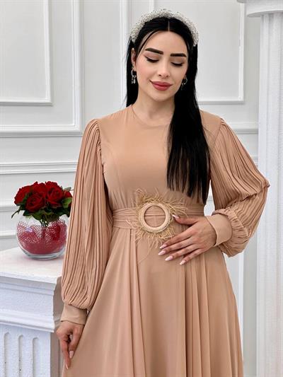 Tüy Toka Kemerli Şifon Elbise 1509 t-24 Bej