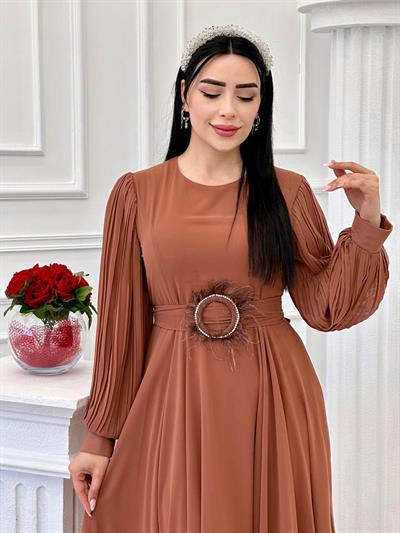 Tüy Toka Kemerli Şifon Elbise 1509 t-24 Taba