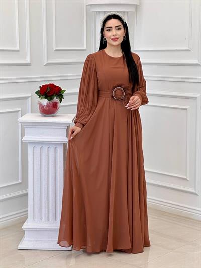 Tüy Toka Kemerli Şifon Elbise 1509 t-24 Taba