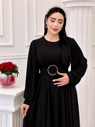 Tüy Toka Kemerli Şifon Elbise 1509 t-24 Siyah