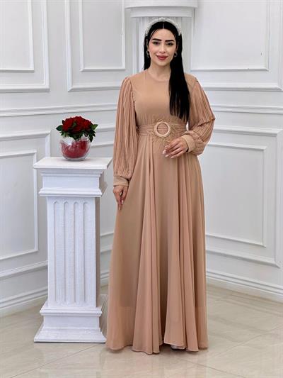 Tüy Toka Kemerli Şifon Elbise 1509 t-24 Bej