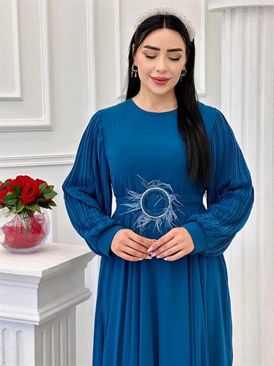 Tüy Toka Kemerli Şifon Elbise 1509 t-24 Mavi