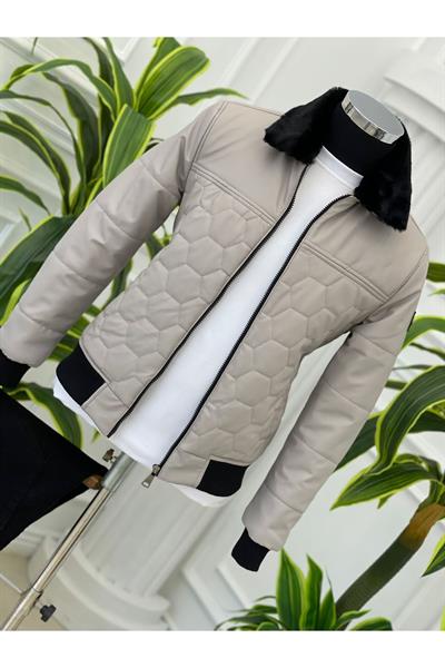 Tüylü Deri Mont 1122 Krem