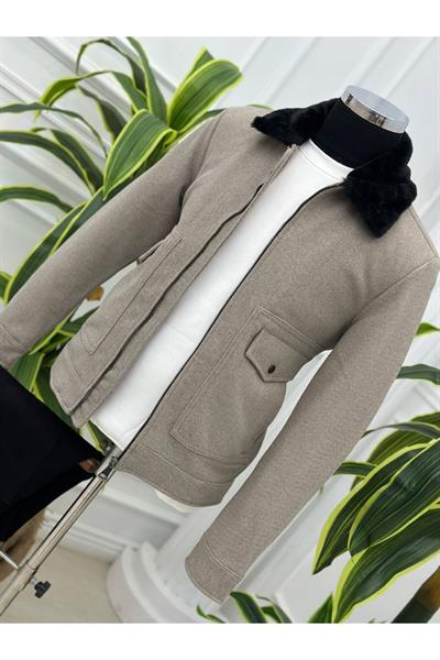 Tüylü Kaşe Mont 1222-Bej