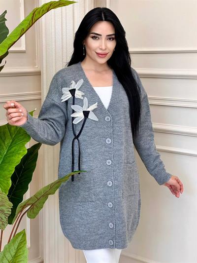 Üç Boyut Çiçek İşleme Hırka 7828 t-24 Gri