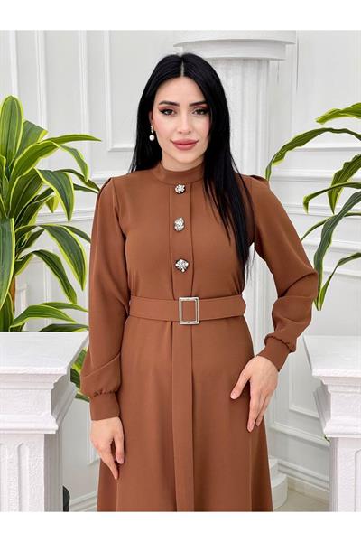Üç Taş Kemerli Elbise 1260 Kahverengi