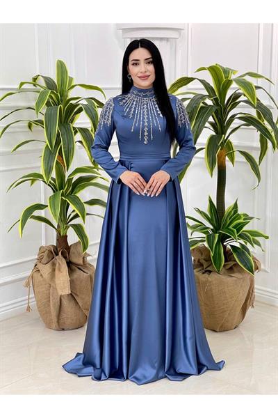 Üst İşleme Saten Abiye 18760 Mavi