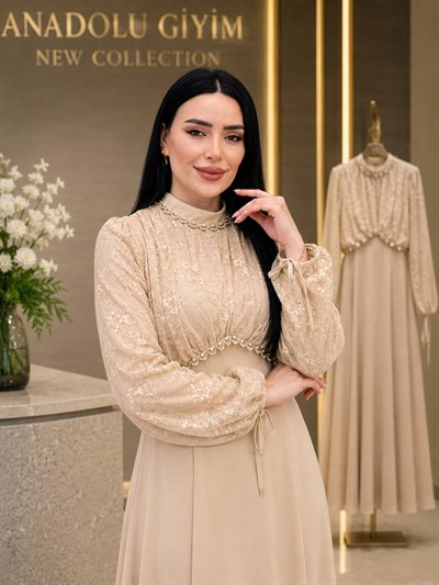 Üstü Güpür Balon Kol Şifon Elbise 9053 T-26 Bej